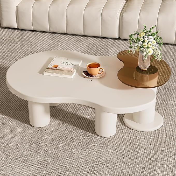 Nesting Coffee Table Set of 2, Irregular Shape Center & Small Tempered Glass Top Accent Side Table, Modern Home Decor Table Set for Living Room, Bedroom, Office