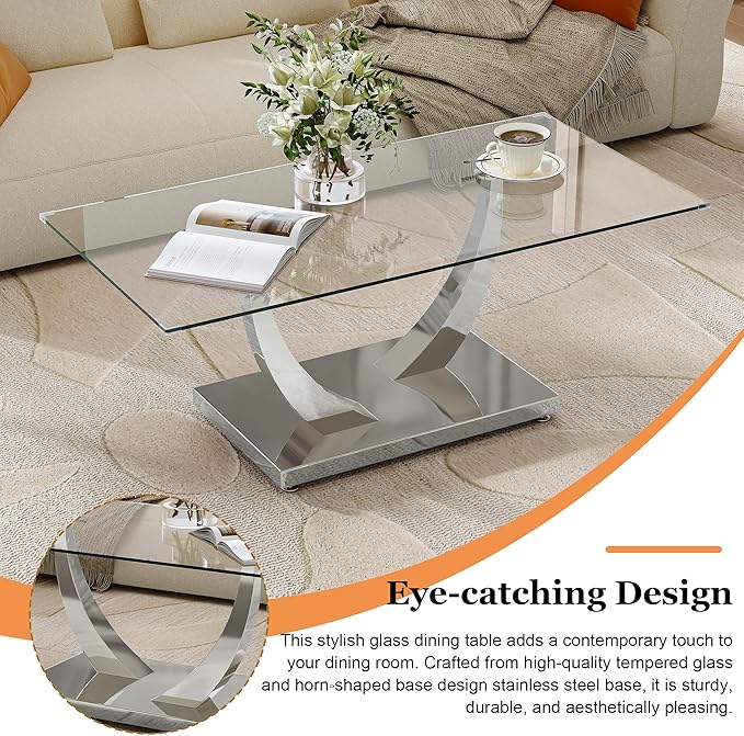 47" Glass Coffee Table, Modern Rectangular Center Table with Tempered Glass Top and Silver Horn-Shaped Stainless Steel Base for Apartment, Office