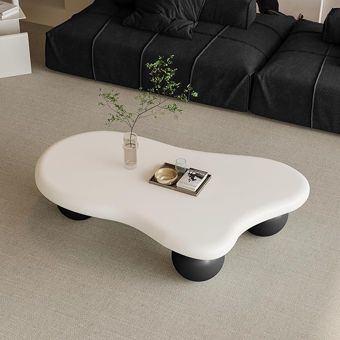 47.2” Cloud Coffee Table with 3 Ball Legs, Modern Lrregular Center Table for Living Room, Low Cute Small MDF Tea Table for Bedroom, Space Apartment-White Black