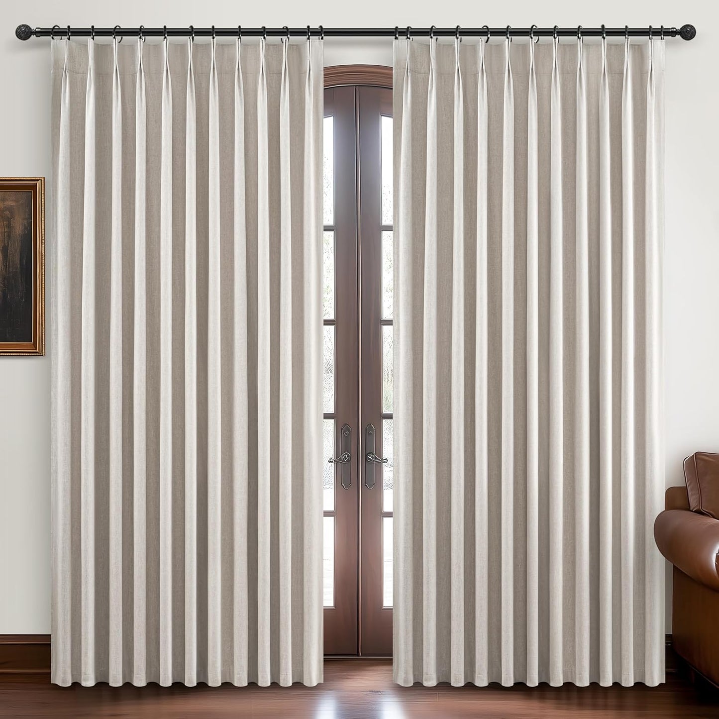 Curtains 70 Inch Length Wide Pinch Pleated Blackout Curtain for Sliding Glass Door/Living Room, Farmhouse Natural Linen Thick Boho Bedroom Heavy Insulated Large Window Drapes (70"Wx90"Lx2Panels)