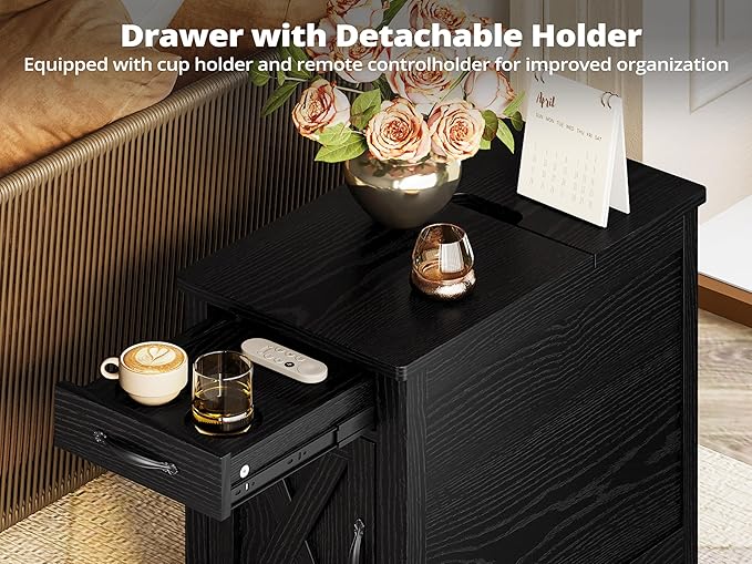 IRONCK End Table with Charging Station, Narrow Side Table for Living Room, Farmhouse Night Stand for Bedroom, Beside Table with Storage and Drawer for Home, Black