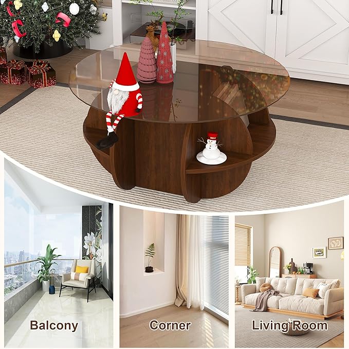 Modern Round Coffee Table, 31.5'' Glass Coffee Tables for Living Room with Storage ，Walnut Brown Circle Center Table with Tempered Glass-Top and Wooden MDF Frame, for Small Spaces (Walnut Style 2)