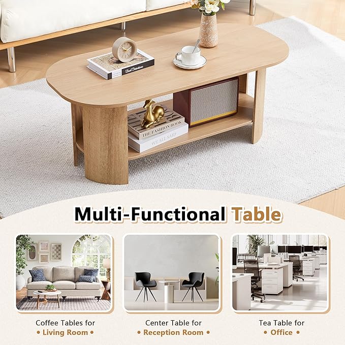 43.3” Oval Coffee Table for Living Room, Wood Farmhouse Coffee Tables with Storage, 2-Tier Center Table with Storage Shelf Low Tea Table for Small Space, Home, Office, Easy Assembly (Natural)