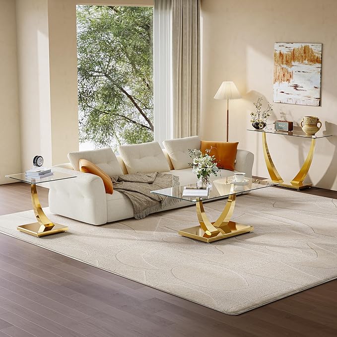 Modern Glass 3 Piece Living Room Table Set, Coffee Table Set with 1 Glass Coffee Table, 1 End Tables and 1 Console Table, Gold Horn-Shaped Stainless Steel Base for Living Room, Office