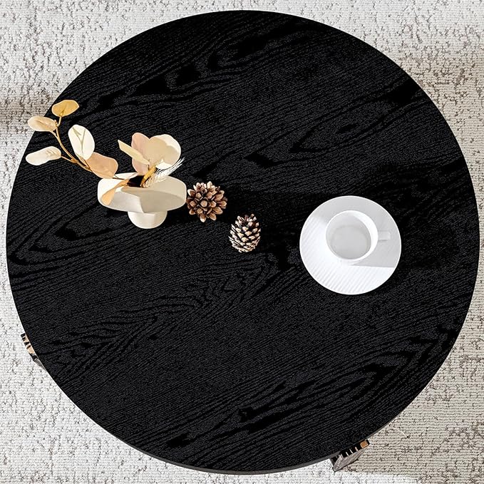 LKTART 31.5'' Round Coffee Table for Living Room, Modern Wood Handcraft Drum Coffee Table with Storage, Stainless Steel Legs Tea Tables, Apartment Small Space, Black