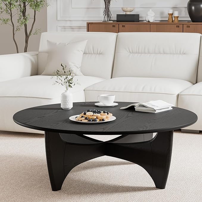 Casaphoria 38" Round Coffee Table, Modern Farmhouse Wood Coffee Table with Cross Sturdy Legs for Home Office, Living Room, Easy Assembly, Black