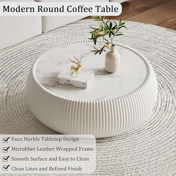 27.55" White Round Coffee Table, Drum Coffee Table with Sintered Stone Tabletop and Fluted PU Leather Covered and Stable Base, Circle Cocktail Tea Table for Living Room