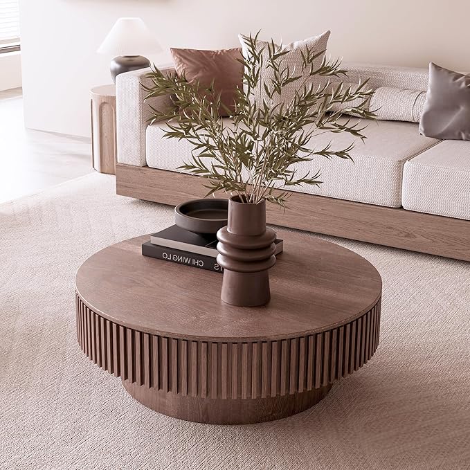 39" Round Coffee Table with Hidden Storage Compartment, Modern Handcraft Fluted Drum Coffee Table, Wooden Circle Center Table Cocktail Tea Table with Sturdy Pedestal for Living Room, Walnut