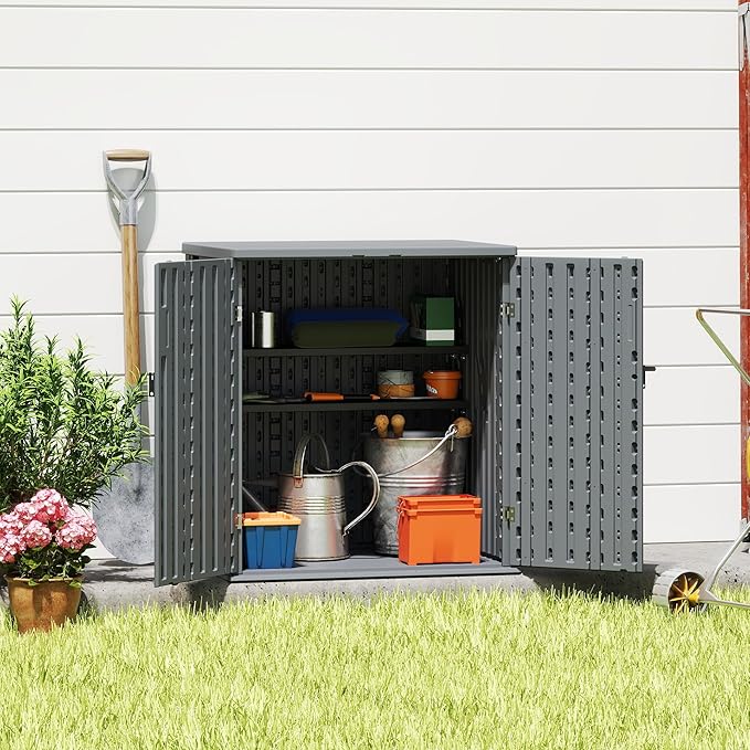 EHHLY Heavy Duty Small Storage Cabinet Outdoor Weatherproof, 14 Cuft Garage Storage Cabinet with 2 Adjustable Shelves, Lockable Kitchen Pantry Closer Organizer, 31Wx23Lx34H, Sage Grey