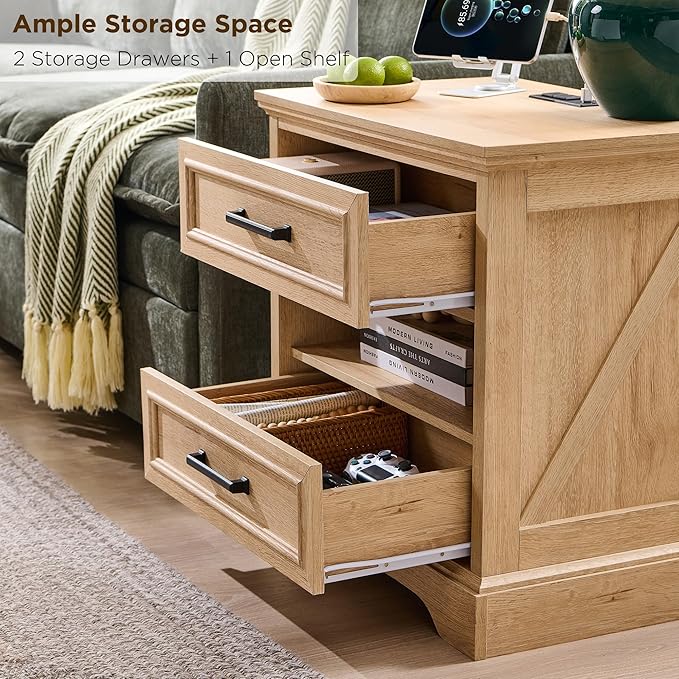 ACCOHOHO 24" Farmhouse Nightstand with Charging Station, 2 Drawers Large Bedside Table with Open Shelf, Rustic End Table for Bedroom - Natural Oak