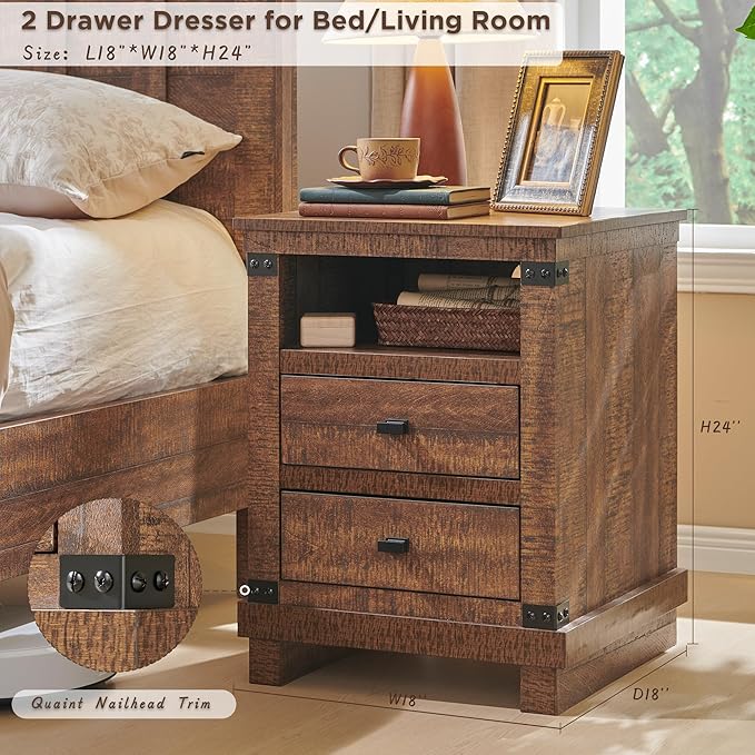 Farmhouse Nightstand Set of 2 with Charging Station, 18" Rustic Night Stand with 2 Storage Drawers, Wood End Table for Bedroom, Living Room, Reclaimed Barnwood