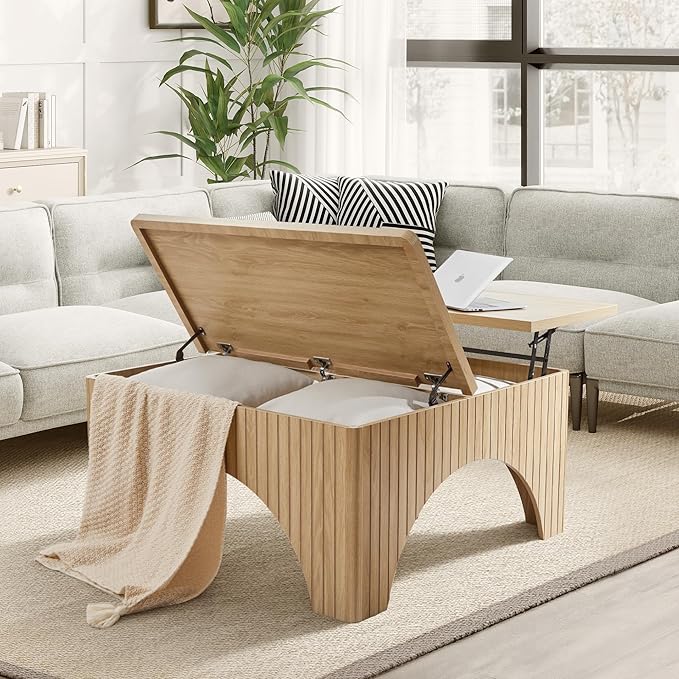 39'' Square Coffee Table with Storage, Farmhouse Lift Top Coffee Table for Living Room Fluted Wood Center Table Arched Dining Table with 2 Hidden Storage Compartment (Natural)