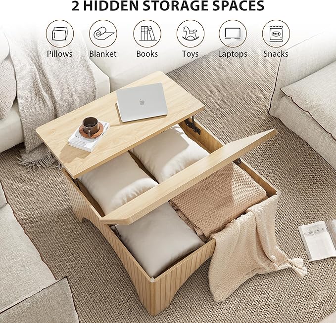 39'' Square Coffee Table with Storage, Farmhouse Lift Top Coffee Table for Living Room Fluted Wood Center Table Arched Dining Table with 2 Hidden Storage Compartment (Natural)