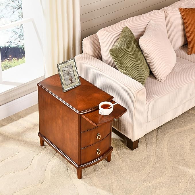 2 Set Solid Wood End Table with 3 Drawers, Cherry Red American Style Beside Table with Slide-Out Coffee Tray, Sofa Chair Side Table Nightstand for Living Room Bedroom, Rustic Wood Grain Accent Table