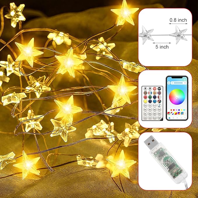 Smart Star Christmas Lights Indoor, 33 FT 80 LED USB Star Lights String, App & Remote Control, Timer Music Sync, Star String Lights for Bedroom