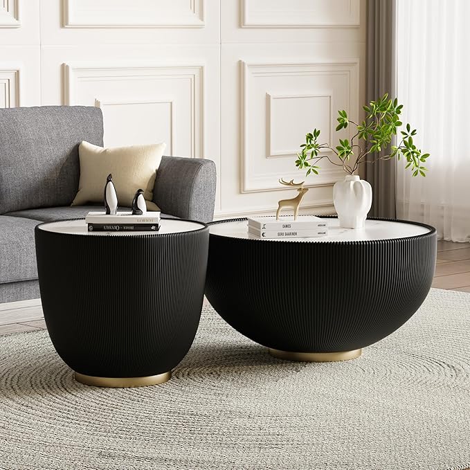 Round Living Room Table Set, 27.56" Black Drum Center Table and 19.69" Black Coffee Table Set, 2 Pieces Coffee Table Set with Sintered Stone Tabletop, Fluted PU Leather Covered and Metal Base