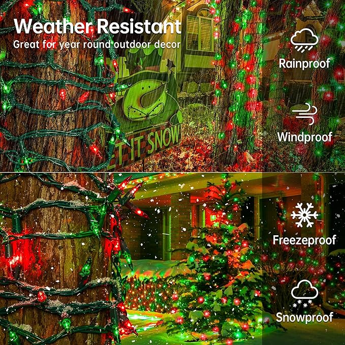 HEYFUNi 50Count Red Green Christmas Lights, Green Wire 13Ft Incandescent Traditional Holiday String Light Set for Indoor Outdoor Use Christmas Tree, Halloween, Valentine Wedding Lighting Decoration