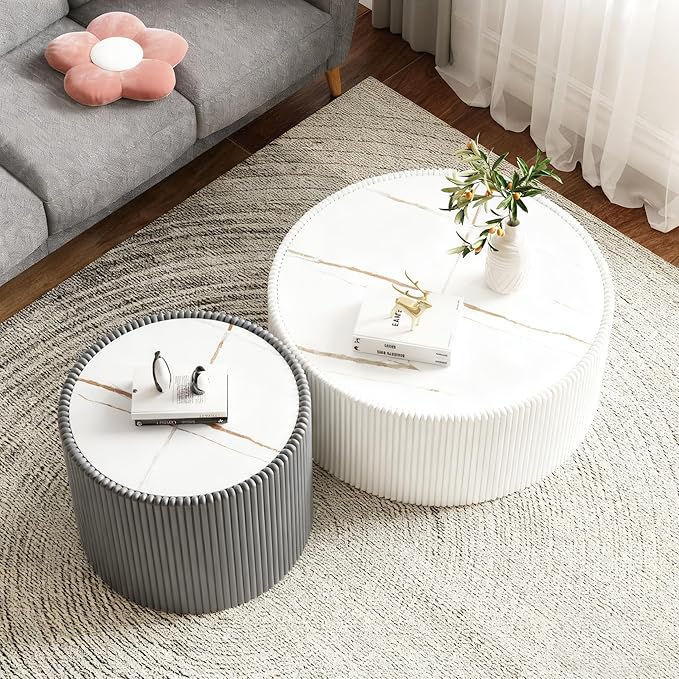 Round Living Room Table Set, 29.52" White Drum Center Table and 17.71" Grey Coffee Table Set, 2 Pieces Coffee Table Set with Sintered Stone Tabletop, Fluted PU Leather Covered and StableBase