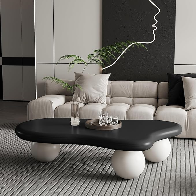 47.2” Cloud Coffee Table with 3 Ball Legs, Modern Lrregular Center Table for Living Room, Low Cute Small MDF Tea Table for Bedroom, Space Apartment-Black White