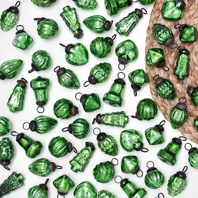 IndianShelf 25 Pieces Silver & Green Glass Vintage Christmas Ornaments Mini Bulk Decorative Ornaments for Halloween, Christmas Tree, New Year, Valentine Day, Holidays, Event & Wedding(25 * 1 Boxes)