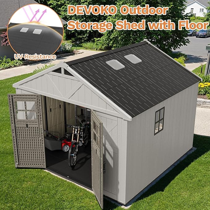 Devoko 10x10 FT Resin Outdoor Storage Shed with Floor, Plastic Tool Garden Shed with Windows & Lockable Door, Outside Large Storage Shed for Patio Backyard Lawn, Beige