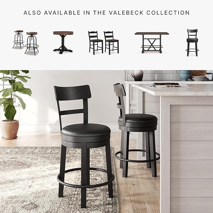 Signature Design by Ashley Valebeck Tall Upholstered Swivel Bar Stool with 360-Degree Swivel and Nailhead Trim, Faux Leather, 30" Seat Height, Black Finish
