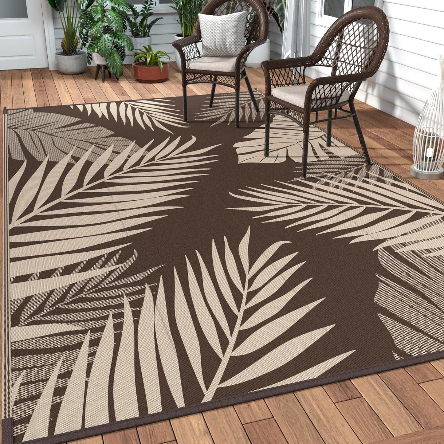 GENIMO Outdoor Rug 4' x 6' Waterproof for Patios Clearance, Reversible Outdoor Plastic Straw Camping Rug Carpet, Large Area Rugs Mats for RV, Camper, Deck, Balcony, Porch, Beach, Coffee&Beige