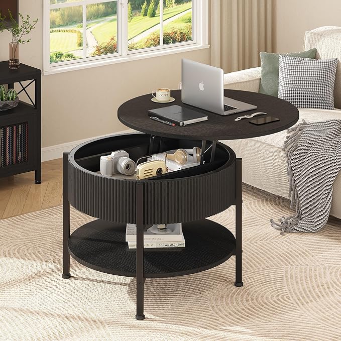 Round Coffee Table, Fluted Lift Top Coffee Table with Hidden Compartment and Open Shelf, 26.77” Small Central Table for Living Room, Home Small Space, Mid-Century Black