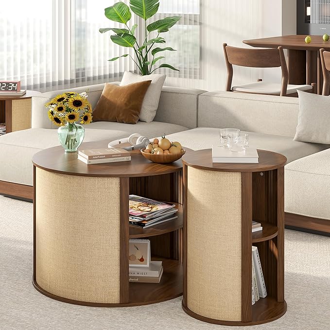 Round Coffee Table Set, 2-Tier Boho Mid Century Modern Wooden Center Coffee Table and End Table Sets of 2 with Adjustable Shelf, Sackcloth Finish, Farmhouse, for Living Room, 27.5 Inches, Walnut
