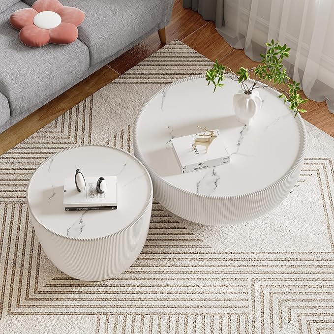 Round Living Room Table Set, 27.56" White Drum Center Table and 19.69" White Center Table Set, 2 Pieces Coffee Table Set with Sintered Stone Tabletop, Fluted PU Leather Covered and Metal Base