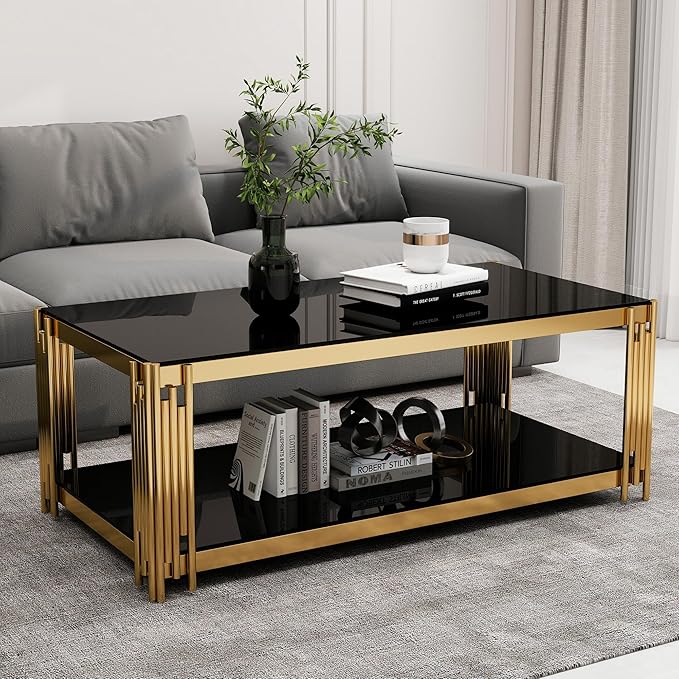 Rectangular Black Glass Coffee Table, 47" Center Table Living Room Table, Gold Stainless Steel Irregular Leg, Double-Layer Structure, Black Glass Desktop, Luxury