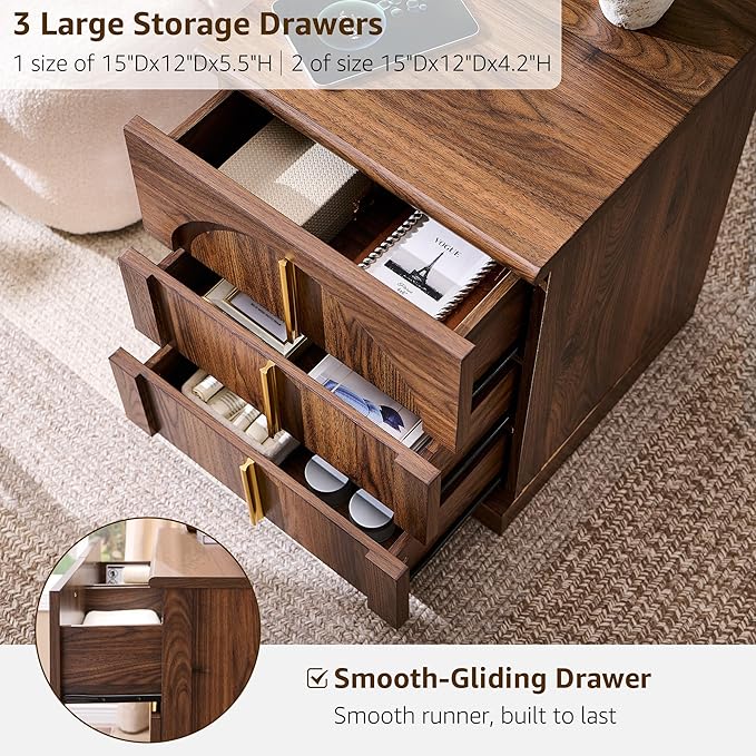 ACCOHOHO Modern Night Stand Set 2 with Arched Panel, 18" Nightstand with Charging Station, Side Table with 3 Storage Drawers, Wood Square Bedside End Table for Bedroom Living Room, Brown