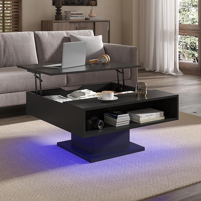 Square Lift Top Coffee Table with Storage, Black Led Coffee Table for Living Room with Large Hidden Storage, 30.7" Wood Table Led Center Table for Dining Reception Room