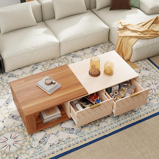 42"- 65" Extendable Coffee Table with Storage, Reversible Wood Coffee Table with 2 Drawers, Two-Tone Large Adjustable Center Table for Living Room, Office (Walnut A)