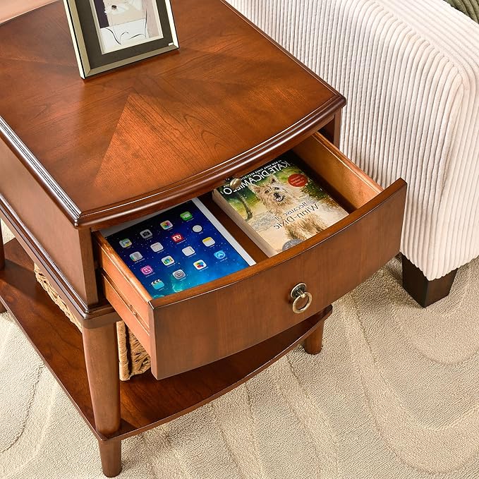 Traditional Wood End Table with Drawer and Storage Shelf, Hardwood Beside Table with Pull-Out Divider, Modern Vintage Sofa Chair Side Table Nightstand for Living Room Bedroom, Cherry Brown 1569MG