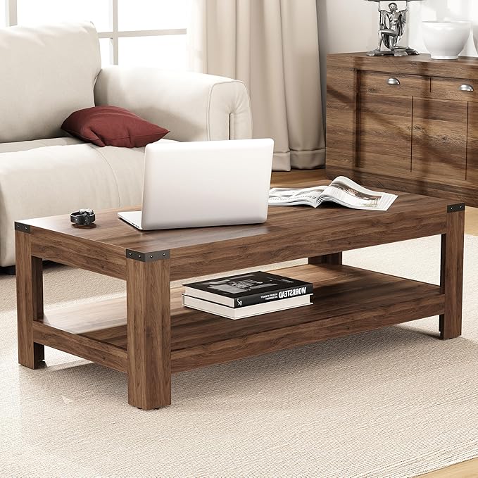 Farmhouse Coffee Table, Modern Rustic Wooden Center Table with Storage, Living Room Tables, 2-Tier Industrial Cocktail Tea Table for Living Room (Walnut, 47.2 in)