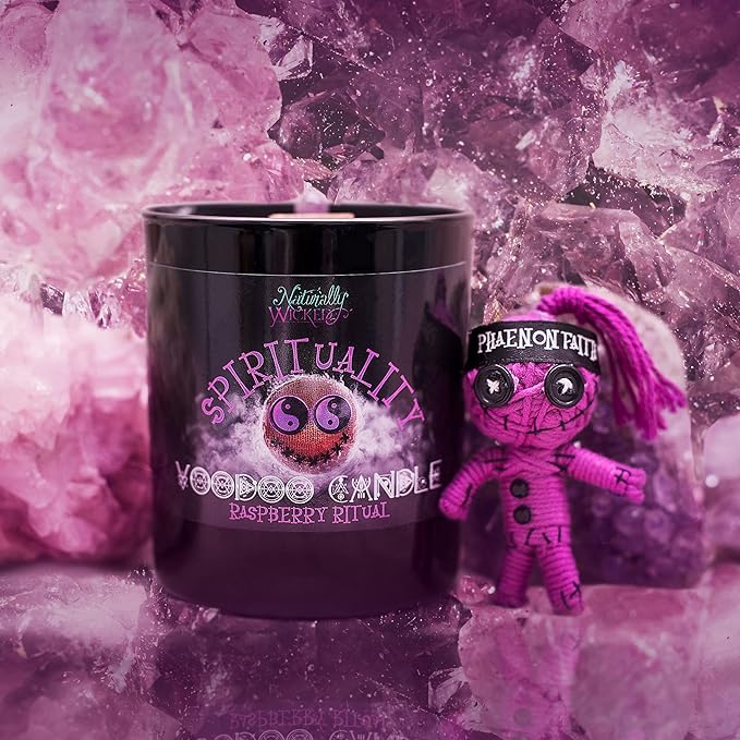 Naturally Wicked Voodoo Spirituality Candle Set - Inc. Voodoo Doll, Crystal, Wood Wick, Raspberry Ritual Scent & Gift Box