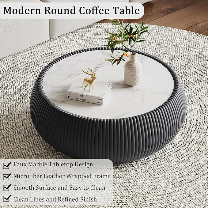27.55" Grey Round Coffee Table, Drum Coffee Table with Sintered Stone Tabletop and Fluted PU Leather Covered and Stable Base, Circle Cocktail Tea Table for Living Room