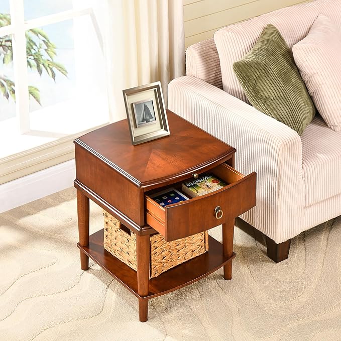 Traditional Wood End Table with Drawer and Storage Shelf, Hardwood Beside Table with Pull-Out Divider, Modern Vintage Sofa Chair Side Table Nightstand for Living Room Bedroom, Cherry Brown 1569MG