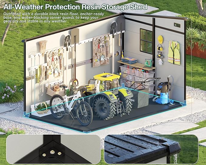 Jocisland 10x7x6.7 FT Outdoor Resin Storage Shed with Floor & Double Doors, Sloped Roof Garden Shed with Skylight Panels, Window & Vents, Waterproof UV-Resistant Tool Sheds for Garden, Lawn, Backyard