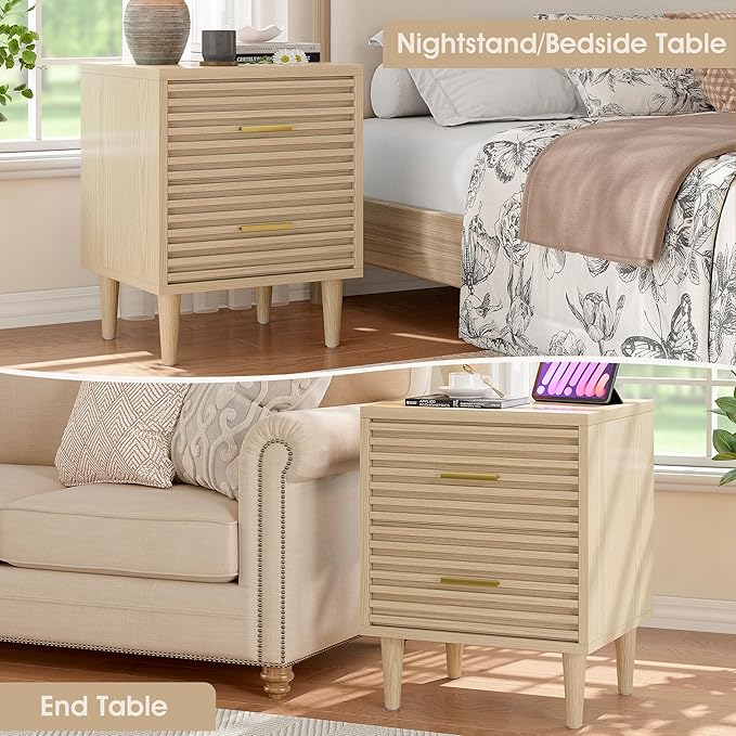 Alohappy Nightstands Set of 2, Bedside Table for Bedroom, End Table with 2 Drawers, Mid Century Modern Bed Side Table with Storage Vintage Wood Accent Table for Living Room, Oak 2pcs