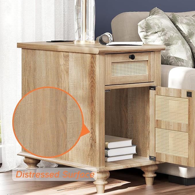 WAMPAT Rattan End Table with Charging Station, Farmhouse Bedside Table with Solid Wood Leg, Narrow Side Table with Drawer & Power outlets USB Ports for Bedroom, Living Room, Oak
