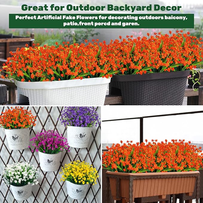 Lnoicy 20pcs Artificial Flowers for Outdoor,Plastic Flowers Decoration, UV Resistant Faux Flowers Shrubs, Artificial Plants for Indoor Outside Garden Home Wedding Farmhouse（Orange）