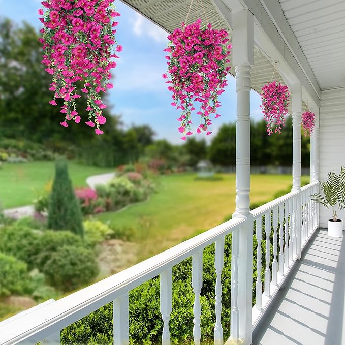Sggvecsy Artificial Fake Hanging Flowers Plants for Outdoor Outside Spring Summer Decoration 2PCS Faux Silk UV Resistant Realistic Morning Glory with Eucalyptus for Home Porch Patio Balcony(Magenta)