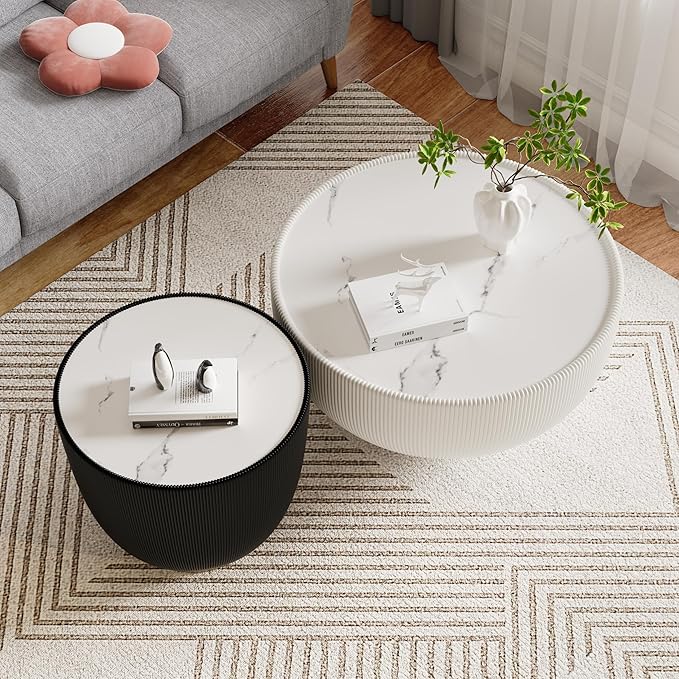 Round Living Room Table Set, 27.56" White Drum Center Table and 19.69" Black Center Table Set, 2 Pieces Coffee Table Set with Sintered Stone Tabletop, Fluted PU Leather Covered and Metal Base