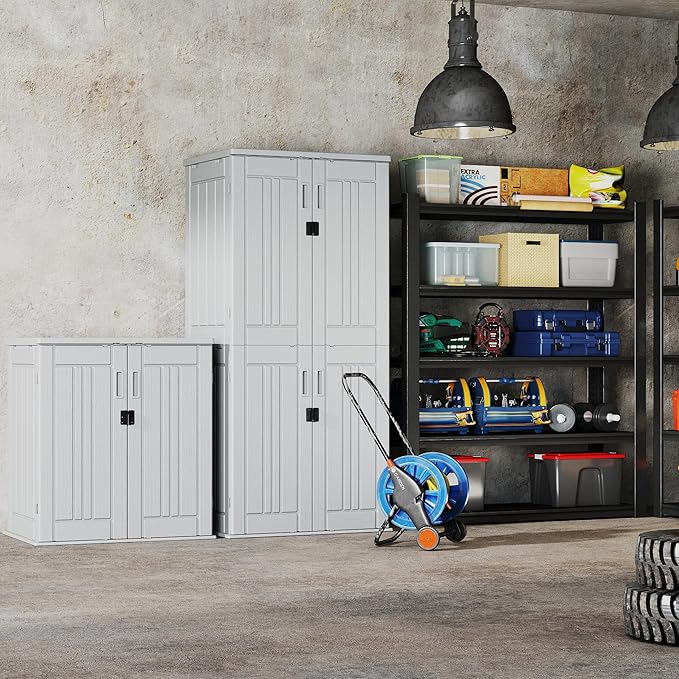 EHHLY Heavy Duty Tall Storage Cabinet Outdoor Weatherproof, 28 Cuft Garage Storage Cabinet with 4 Adjustable Shelves, Lockable Kitchen Pantry Closer Organizer, 31Wx23Lx66H, Polar White