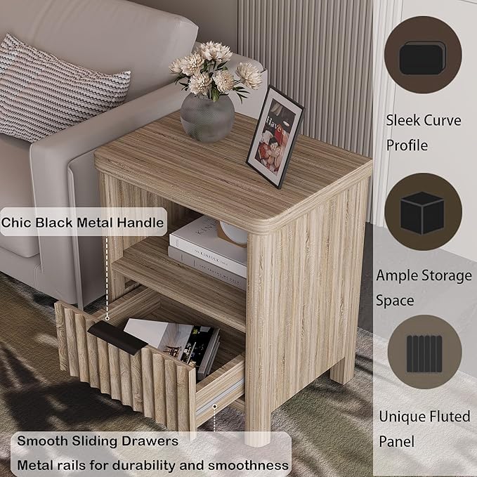 Nightstand Night Stand with Drawer Storage, Large Modern Wood Bed Side Table with Fluted Panel, Mid Century Farmhouse Sofa Couch End Table for Bedroom (Nature Wood, 20 * 15Inch /1 Piece)