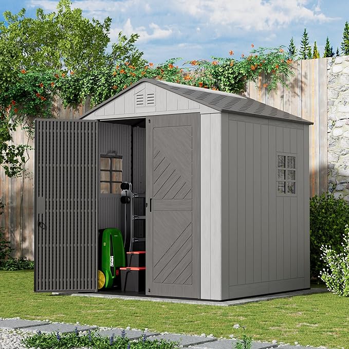 6x6 FT Storage Shed with Floor,HDPE Resin Outdoor Storage Shed Weather Resistant,Lockable Garden Sheds with Windows for Home/Garden Tools/Backyard/Lawn Mower/Bike Storage(Gray)