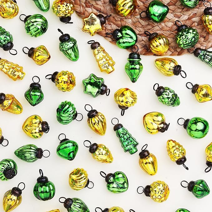 IndianShelf 300 Pieces Gold Green Glass Vintage Christmas Ornaments Mini Bulk Decorative Ornaments for Halloween, Christmas Tree, New Year, Valentine Day, Holidays, Event and Wedding (25 * 12 Boxes)
