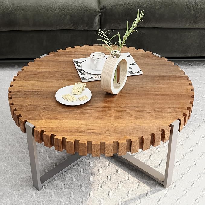 Modern Wood Round Coffee Table for Living Room, Farmhouse 31.5" Modern Compact Coffee Table, Wood Gear Table Top with Cross Metal Base, Drum Center Table for Living Room Apartment, Walnut